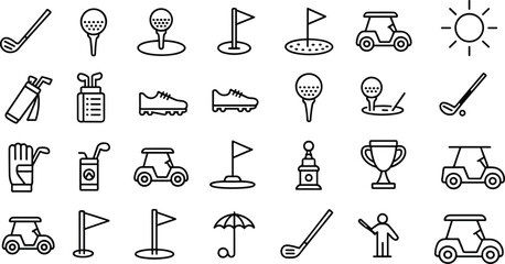 Golf sport line icons set club ball tee flag cart glove bag shoes trophy umbrella player elements black outline vector illustration collection. © Amena