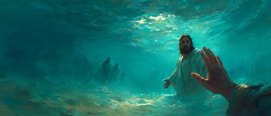 Jesus Extending His Hand in a Dreamlike Underwater Sanctuary