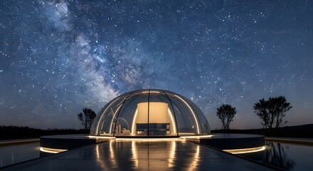 Fototapeta premium Futuristic transparent geodesic dome illuminated at night providing a luxurious stargazing experience under the milky way