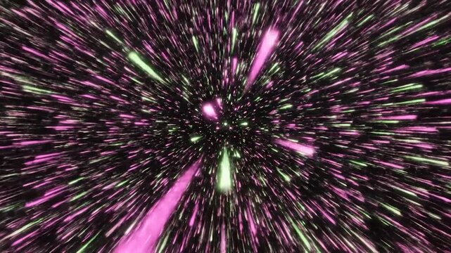 Abstract pink and green light streaks in a hyperspace jump.
