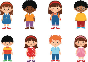 Cartoon illustration of diverse children standing together with cheerful expressions, showcasing friendship, diversity, childhood, education, and colorful playful lifestyle.
