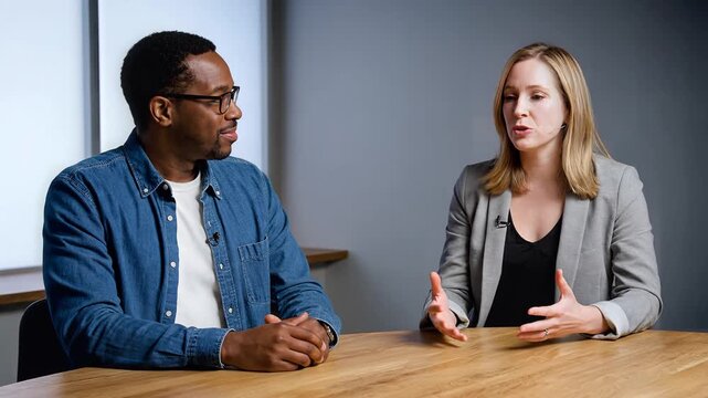 Two professionals having a discussion during a meeting at a modern office table.