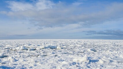 Endless field of drift ice and pancake ice floes on the sea surface. Beautiful winter arctic landscape, frozen ocean under cloudy sky. Global warming and climate change concept. © Igor