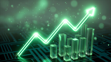 Naklejka premium Neon green rising financial line with arrow over dark glossy grid and glass volume bars, cinematic futuristic lighting, depth of field. AI Generated.