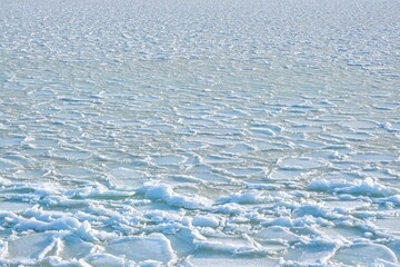 Natural mosaic of pancake ice floes drifting on the sea surface during winter. Beautiful arctic landscape with frozen water texture, global warming and climate change concept. © Igor