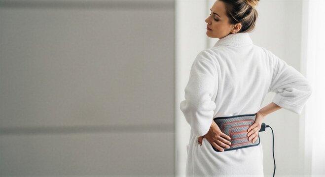 Woman applying electric heating pad for lower back pain relief. Home treatment and self care for muscle discomfort. Health concept.