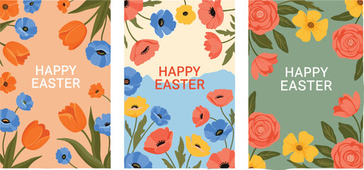 Happy Easter greeting cards with colorful spring flowers, floral holiday background with poppies and tulips, cad drawing flat vector illustration. © Heyy there