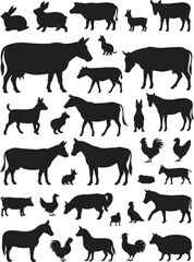 Silhouette illustration of farm animals including cows, horses, pigs, goats, chickens, ducks, and rabbits, representing agriculture, farming, and livestock diversity.