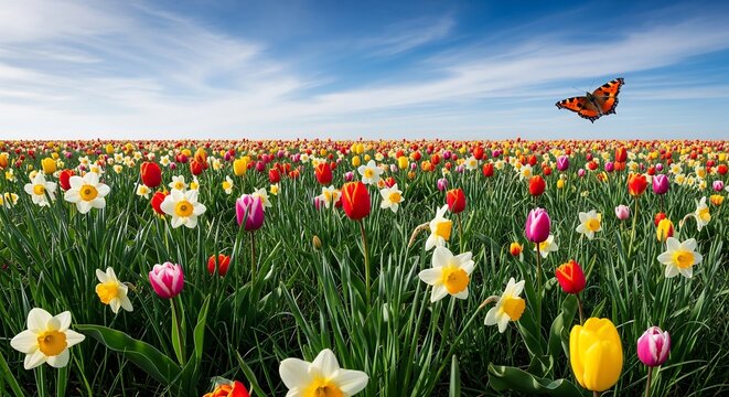 A butterfly soaring over a vibrant field of tulips under a clear blue sky