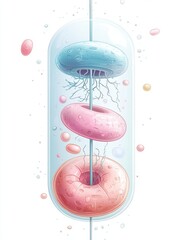 Detailed abstract blue and pink microorganisms and bacteria forms with delicate tendrils growing inside a clear scientific observation tube