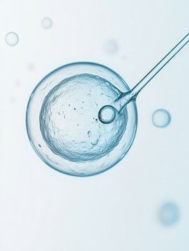 Magnified view of a biological cell undergoing microinjection with a scientific pipette for research purposes