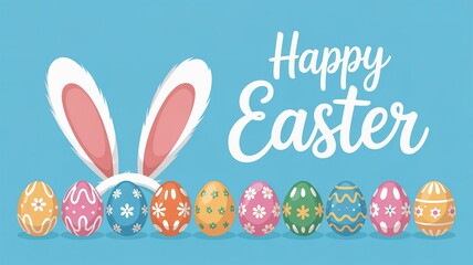 Happy Easter greeting with bunny ears peeking behind a row of ten colorful decorated Easter eggs on a light blue background.