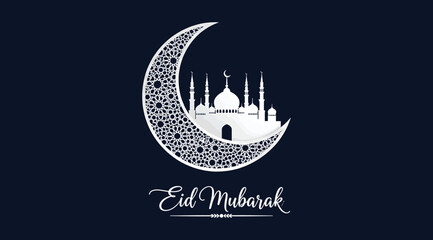 Eid mubarak greeting card with crescent moon and mosque silhouette on dark blue background with white text © S.Siam