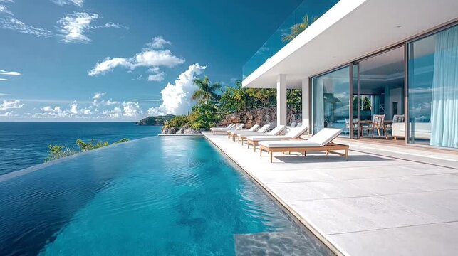 Luxury cliffside villa with infinity pool, vast blue ocean, tropical sky, and lush foliage