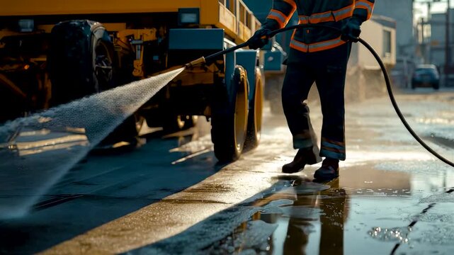 Worker Cleaning Industrial Truck with High Pressure Water Spray on Wet Concrete Yard in Bright Morning Light
