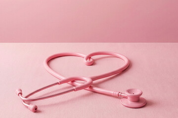 Fototapeta premium Pink stethoscope shaped as heart on pink background