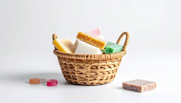 FlyPro Firefly Eco-friendly laundry detergent strips in compostable packaging, neatly presented in a rustic woven basket for a commercial product shot.