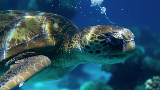 Sea Turtle Swimming Underwater in the Ocean.