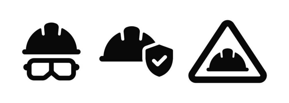Black Construction Safety Icon Set &ndash; Hard Hat, Protective Goggles, Security Shield and Warning Sign Symbols for Workplace Safety, PPE Equipment and Industrial Hazard Signage Design