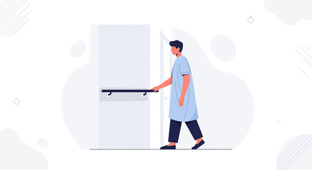 Man in hospital gown holding onto grab bar, walking through doorway