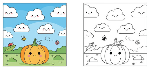 Obraz premium Cute Pumpkin Character Coloring Page for Kids with Autumn Nature Landscape, Happy Clouds, Bee, Ladybug, and Butterfly, Educational Activity Worksheet for Preschoolers and Toddlers