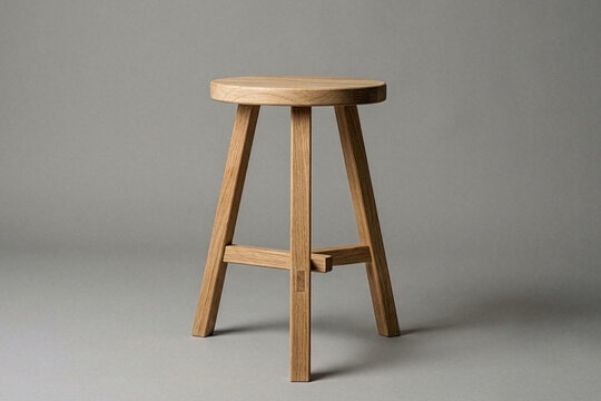 Minimalist wooden three legged stool on grey background