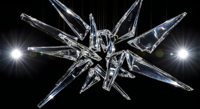 Elegant crystal chandelier designed in the shape of a starburst spider web formation.
