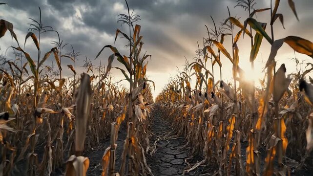 Dry cornfield under a dramatic sky at sunset, showing cracked earth