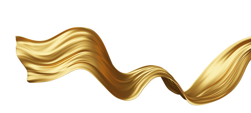 Luxury gold fabric flowing in the wind isolated on transparent background with copy space 3D render