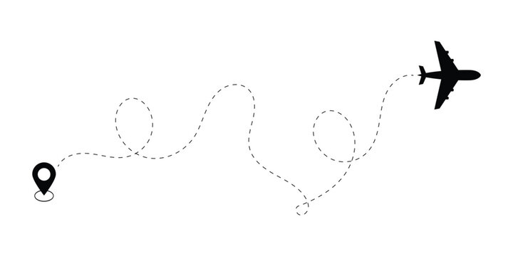 Airplane flight path with dashed line and map pointer icon. Plane travel route silhouette vector for tourism and vacation concept.