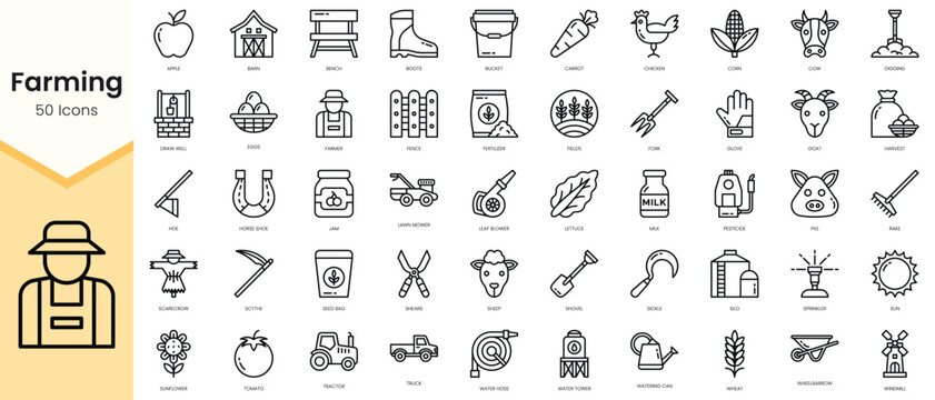 Simple Outline Set of farming icons. Linear style icons pack. Vector illustration