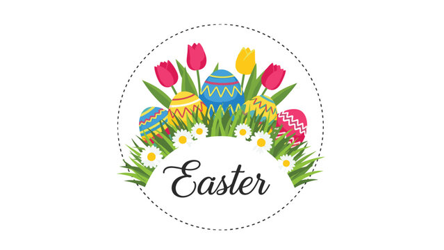 Colorful happy easter circular emblem featuring various decorated eggs, bright pink and yellow tulips, and white daisy flowers.