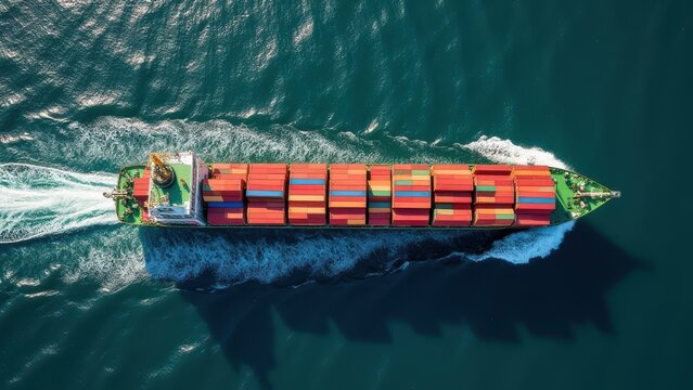 cargo container ship sailing in ocean aerial top view of global express freight transportation maritime scene concept of logistics industry, global trade, shipping business