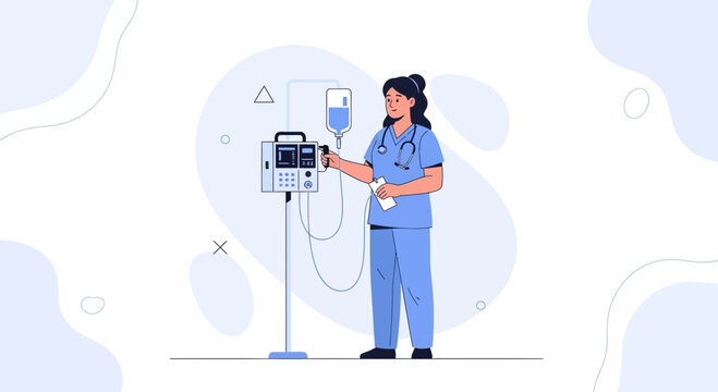 Nurse adjusting medical equipment with IV drip bag and infusion pump