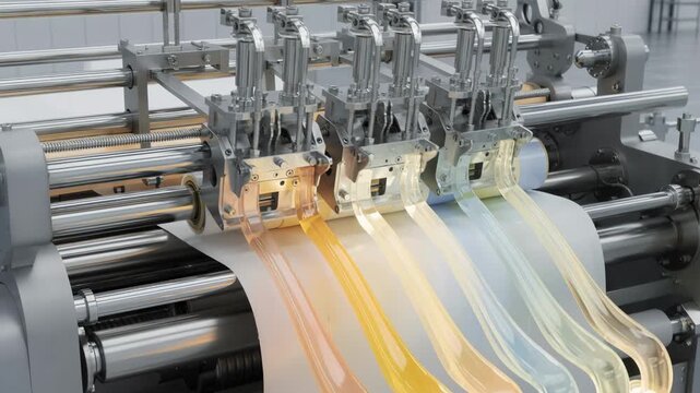 Dynamic medium view of a multilayer extrusion lamination process with molten polymer layers being precisely applied onto a paper substrate highlighting advanced coating technology.