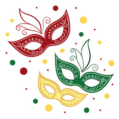 A digital illustration of three stylized masquerade masks arranged diagonally on a plain white background.