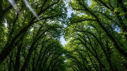 Obraz premium Sunlight shining through trees in a forest canopy overhead natural scenery