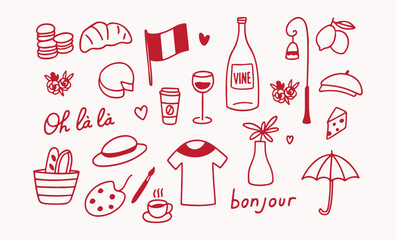 Hand Drawn French Culture Doodle Set with Wine, Croissant, Eiffel Tower and Bonjour Elements Vector Illustration © AKASH