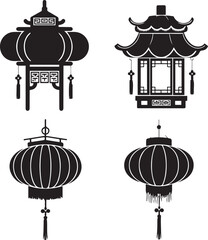 Traditional Chinese Lantern Silhouettes Elegant Vector Icon Set
