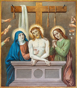 Bobbio - The fresco of Death Christ with his mother Mary and St. John the Evangelist in Cathedral (Santa Maria Assunta) by Luigi Morgari from 20. cent.
