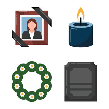 Memorial remembrance icons set with framed photo, wreath, candle and plaque, funeral program header, candle lighting session, condolences table