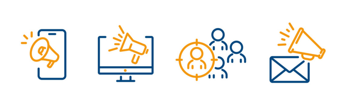 digital marketing icons, business targeting, notification or alert email, outline promo blog, phone, computer with megaphone, line vector with editable stroke