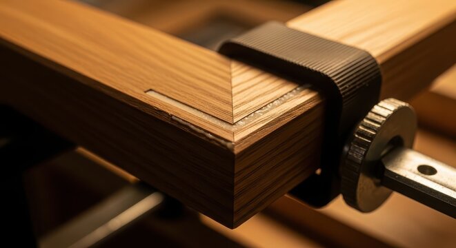 Close-up of wood being clamped tightly in a vice for precise crafting or carpentry work