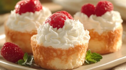 Delicious raspberry topped cakes with whipped cream perfect for celebrations and desserts