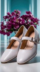 Elegant white mary jane shoes with floral background on glossy surface