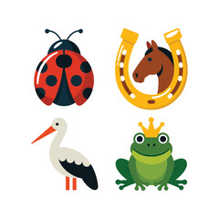 Obraz premium Lucky symbols collection, ladybugs, horseshoe with horse head, stork and frog prince, spring carnival marketing, kids craft session, vector illustration