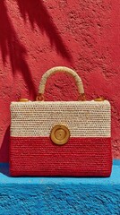 Woven straw handbag on vibrant red and blue wall background