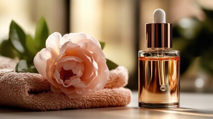 Elegant rose-scented perfume bottle with towel and floral softness. National Skincare Education Day