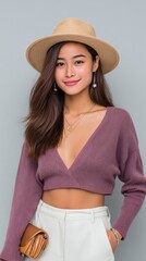 Young asian female in stylish outfit with hat against grey background
