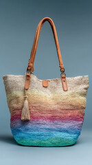 Colorful woven tote bag with leather handles on blue background
